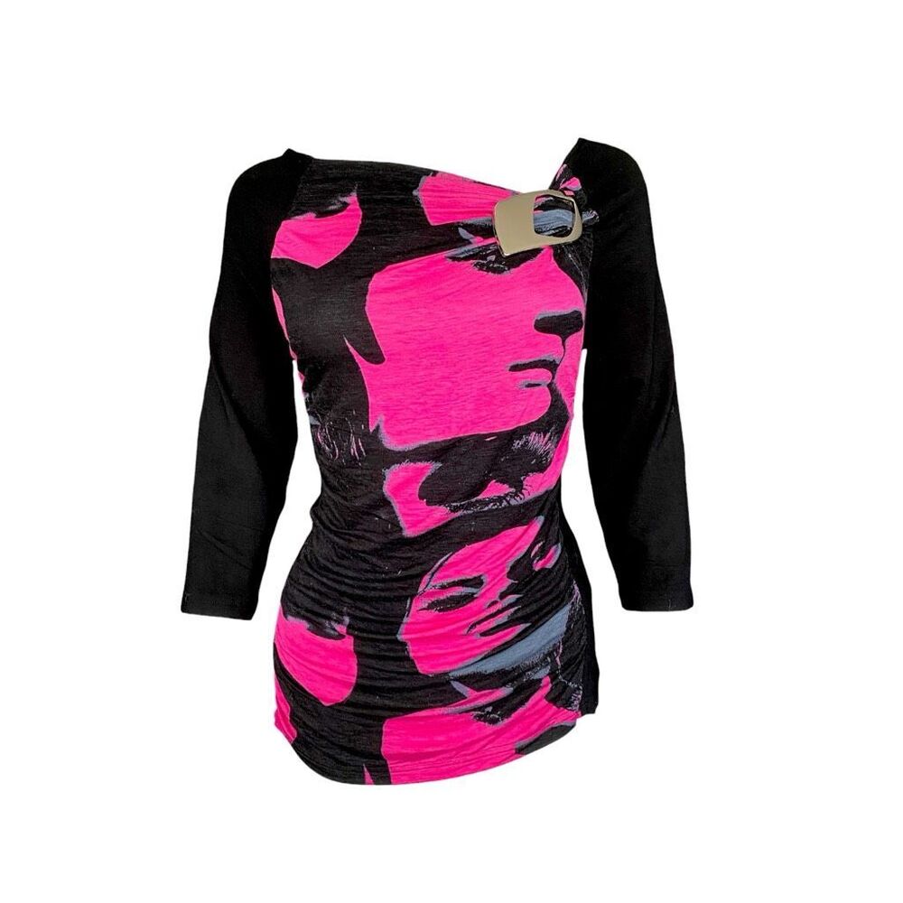 euro vintage face-print asymmetrical top